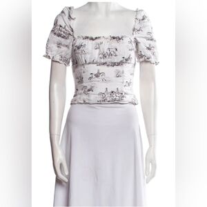 Reformation White Equestrian Print Short Sleeve Crop Top